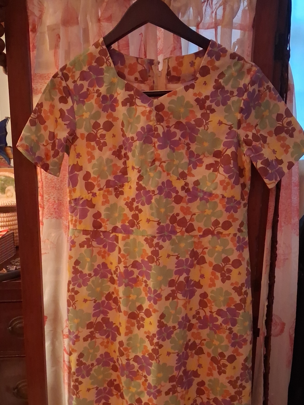 Vintage Handmade Floral Short-Sleeve Dress in Yellow, Purple & Mint